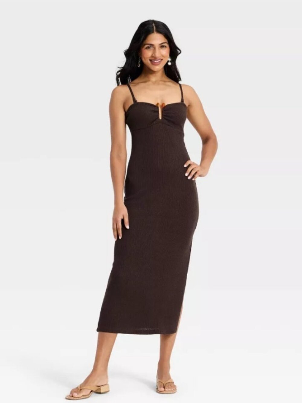 NEW Textured Knit Maxi Dress Women's Small Removeable Straps U-wire front Brown